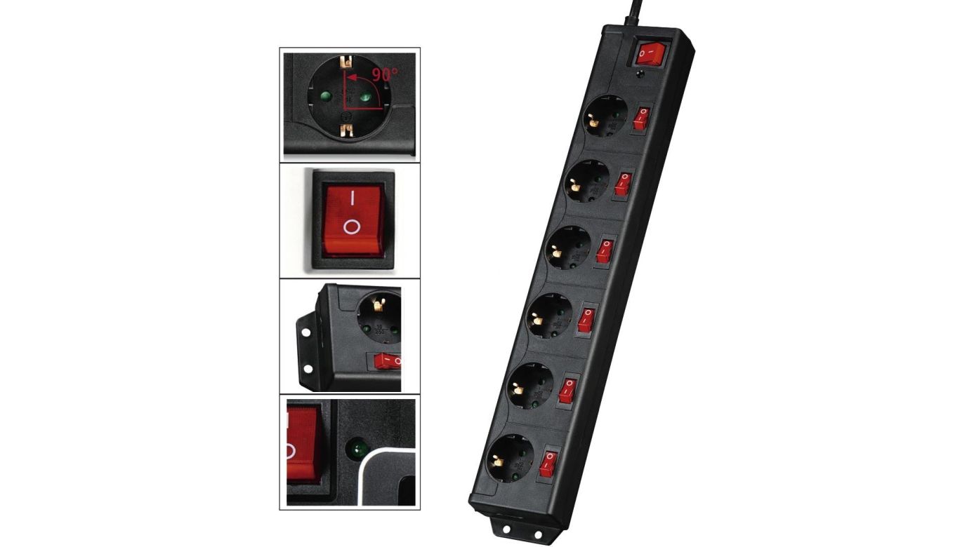 Hama Steckdosenleiste 6-fach XL schwarz, einzeln schaltbar mit Überspannungsschutz