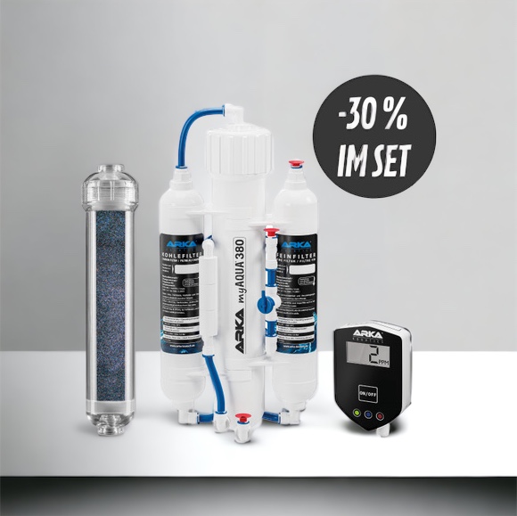 AKTION: ARKA myAQUA 380 Osmoseanlage + Resinfilter mit Farbumschlag 500ml + Inline-TDS-Messgerät Bundle