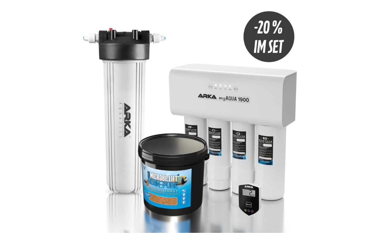 AKTION: ARKA myAQUA 1900 Osmoseanlage Starterset inkl. Multifilter 4 L, Resin Pure 4 Liter Mischbettharz, Inline-TDS-Messgerät Bundle