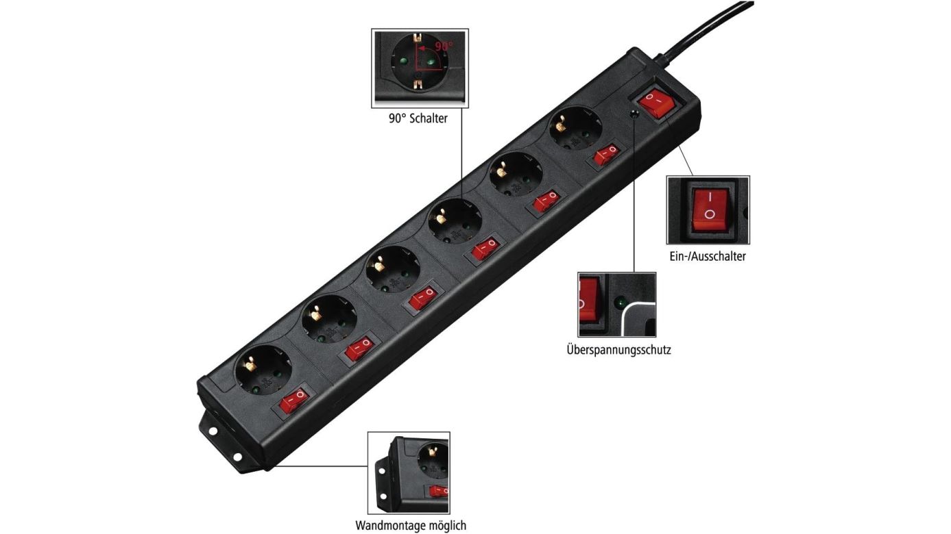 Hama Steckdosenleiste 6-fach XL schwarz, einzeln schaltbar mit Überspannungsschutz